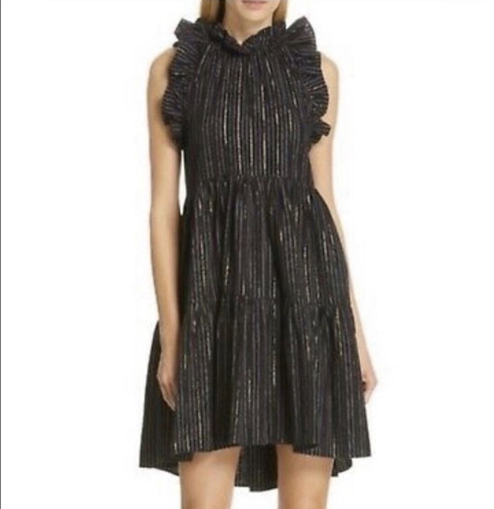 Ulla Johnson Tasmin Ruffle Dress Black Gold Size 6